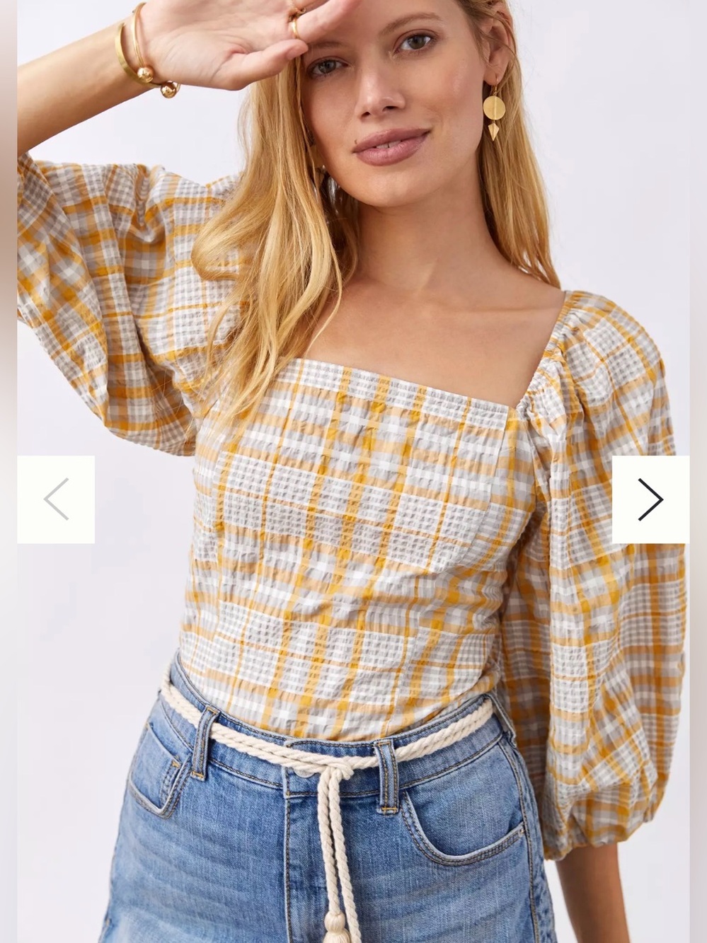 Anthropologie Maeve Seersucker Puff Sleeve Top Small Yellow Plaid Cottagecore